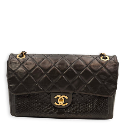Quilted Urban Flap Black Shoulder Bag in Calfskin, Python Leather, Gold hardware