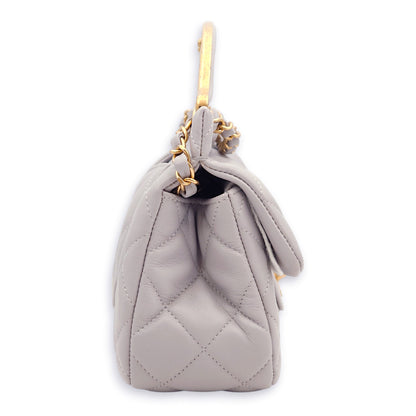 Quilted Grey Top Handle Bag in Lambskin, Gold hardware