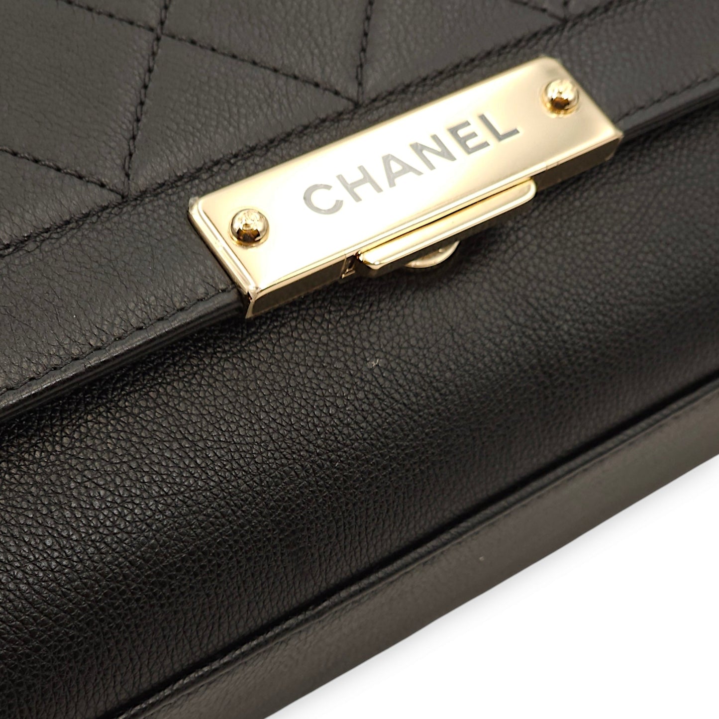 Click Label Flap Black Top Handle Bag in Calfskin, Gold hardware