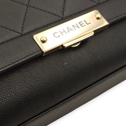 Click Label Flap Black Top Handle Bag in Calfskin, Gold hardware