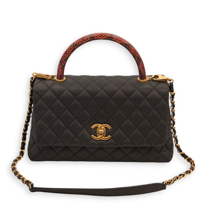 Coco Medium Black Top Handle Bag in Caviar Leather/Python Leather, Gold hardware