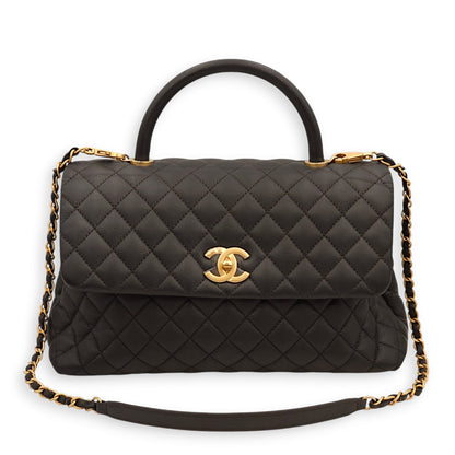 Coco Large Black Top Handle Bag in Caviar Leather, Gold hardware