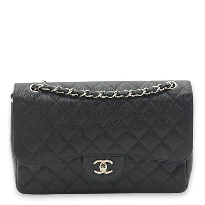 Classic Double Flap Jumbo Black Shoulder Bag in Caviar Leather, Palladium hardware