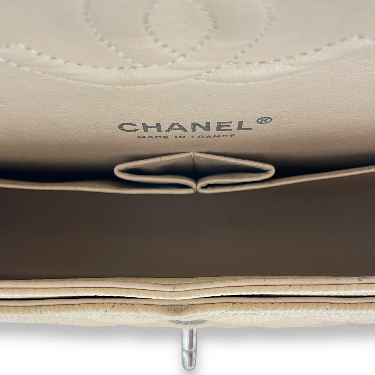 Classic Double Flap Beige Shoulder Bag in Caviar Leather, Silver hardware