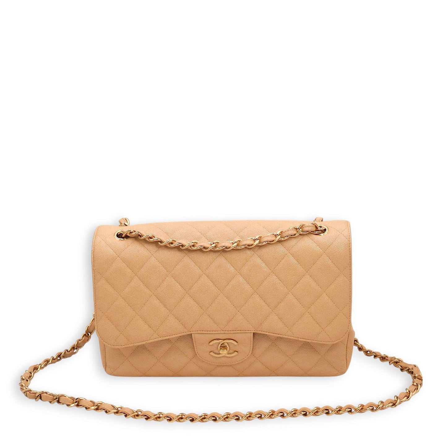 Classic Double Flap Iridescent Beige Shoulder Bag in Caviar Leather, Gold hardware