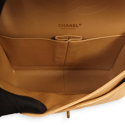 Classic Double Flap Iridescent Beige Shoulder Bag in Caviar Leather, Gold hardware