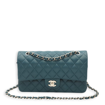 Classic Double Flap Medium Teal Shoulder Bag in Lambskin, Palladium hardware