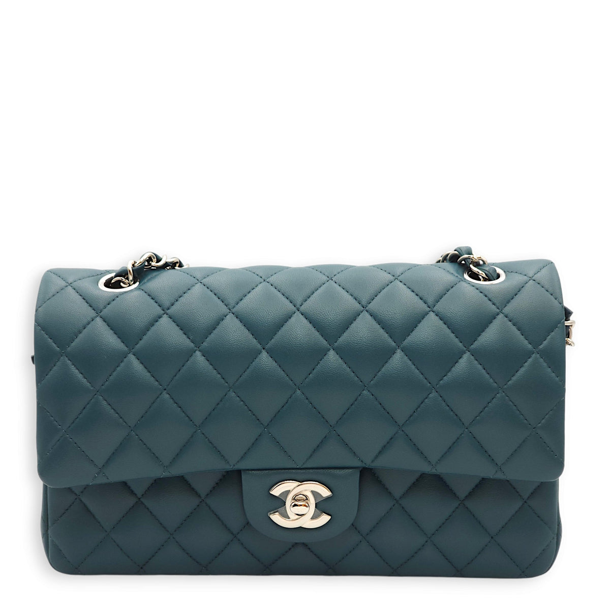 Classic Double Flap Medium Teal Shoulder Bag in Lambskin, Palladium hardware