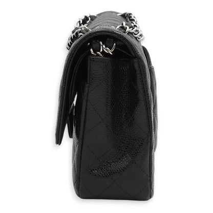 Classic Double Flap Medium Black Shoulder Bag in Caviar Leather, Silver hardware