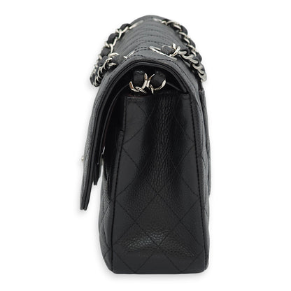 Classic Double Flap Medium Black Shoulder Bag in Caviar Leather, Silver hardware