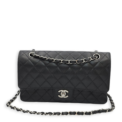 Classic Double Flap Medium Black Shoulder Bag in Caviar Leather, Silver hardware