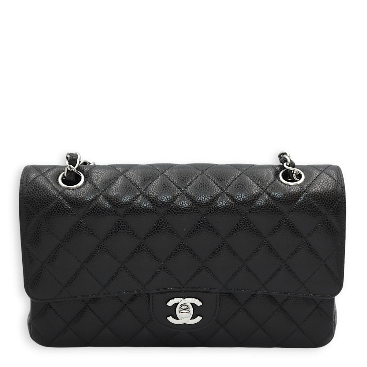 Classic Double Flap Medium Black Shoulder Bag in Caviar Leather, Silver hardware