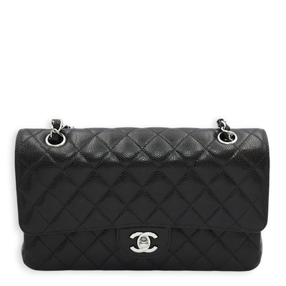 Classic Double Flap Medium Black Shoulder Bag in Caviar Leather, Silver hardware