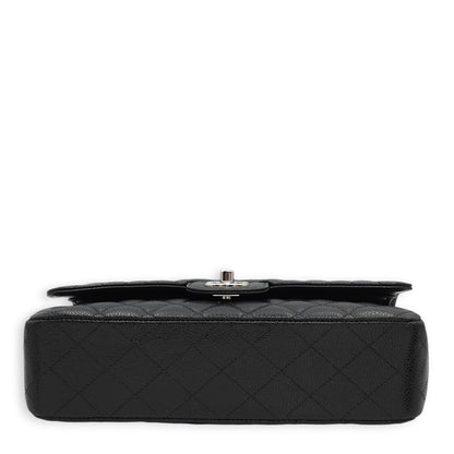 Classic Double Flap Medium Black Shoulder Bag in Caviar Leather, Silver hardware