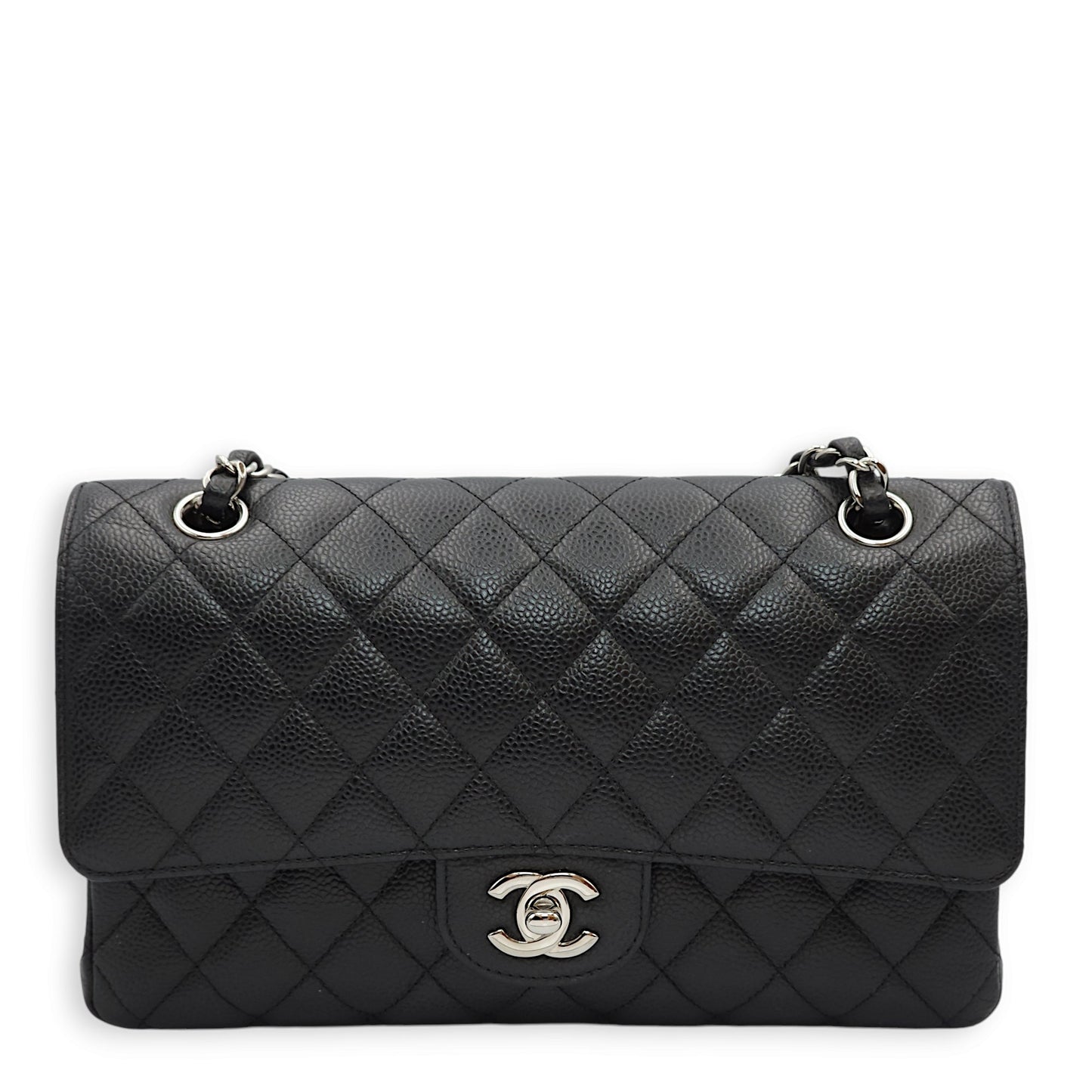 Classic Double Flap Medium Black Shoulder Bag in Caviar Leather, Silver hardware