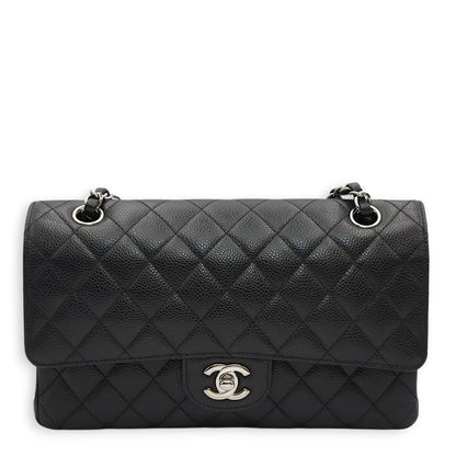 Classic Double Flap Medium Black Shoulder Bag in Caviar Leather, Silver hardware