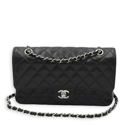 Classic Double Flap Medium Black Shoulder Bag in Caviar Leather, Silver hardware