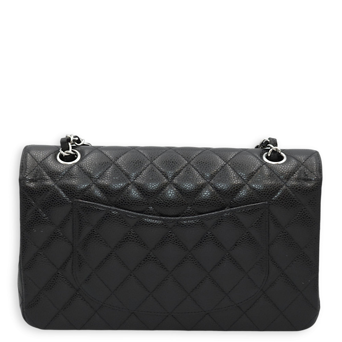 Classic Double Flap Medium Black Shoulder Bag in Caviar Leather, Silver hardware