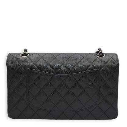 Classic Double Flap Medium Black Shoulder Bag in Caviar Leather, Silver hardware