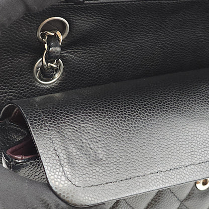 Classic Double Flap Medium Black Shoulder Bag in Caviar Leather, Silver hardware