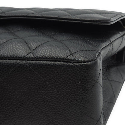 Classic Double Flap Medium Black Shoulder Bag in Caviar Leather, Silver hardware