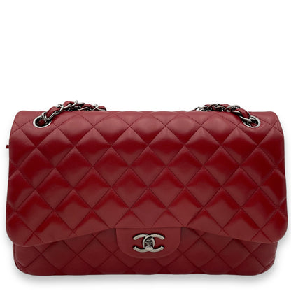 Classic Double Flap Jumbo Red Shoulder Bag in Lambskin, Palladium hardware
