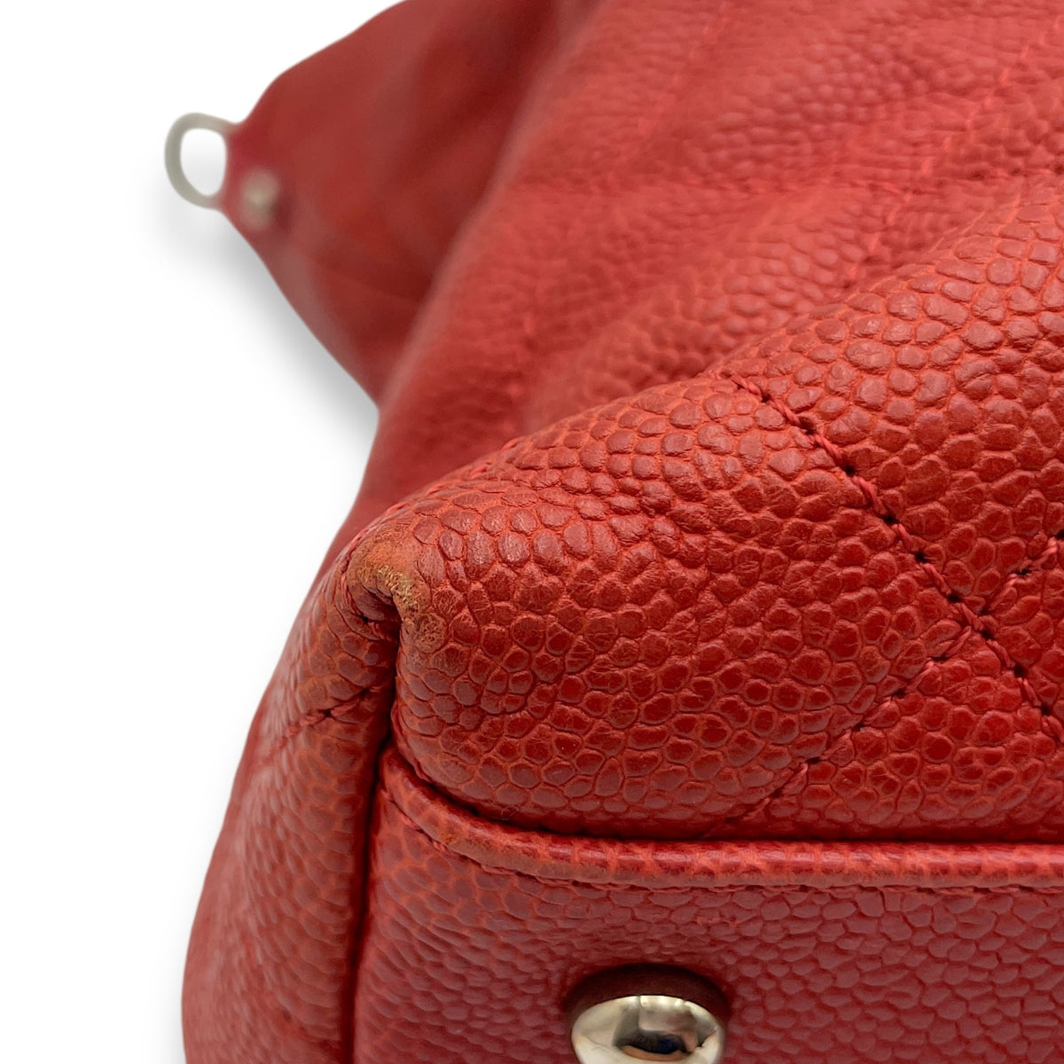Fold Over Flap Red Top Handle Bag in Caviar Leather, Silver hardware