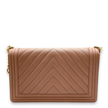 Chevron Le Boy Medium Brown Shoulder Bag in Caviar Leather, Gold hardware