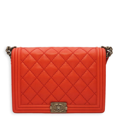Le Boy Large Red Shoulder Bag in Calfskin, Ruthenium hardware