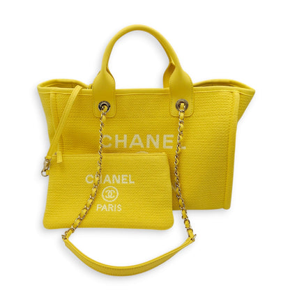 Deauville 33x24x13cm Yellow Shoulder Bag in Calf, Mixed Fibers, Gold hardware