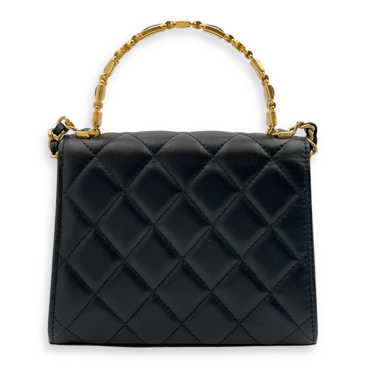 Quilted Mini Top Handle with Chain 15x11.5x4cm Black Crossbody Bag in Lambskin, Gold hardware
