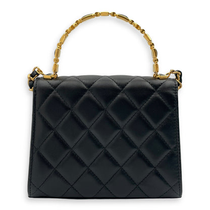 Quilted Mini Top Handle with Chain 15x11.5x4cm Black Crossbody Bag in Lambskin, Gold hardware