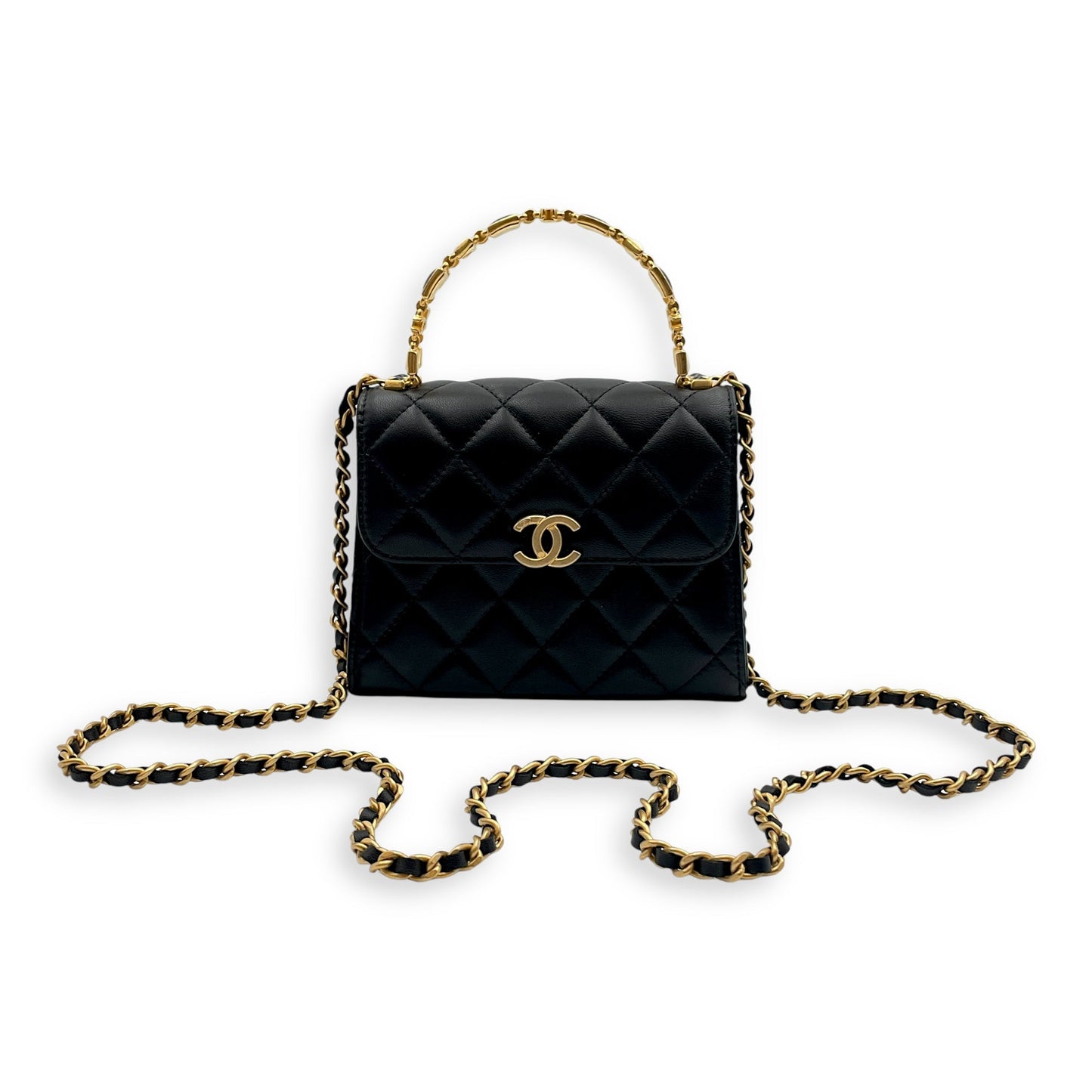 Quilted Mini Top Handle with Chain 15x11.5x4cm Black Crossbody Bag in Lambskin, Gold hardware