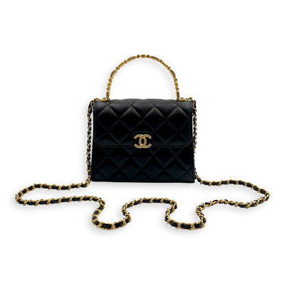 Quilted Mini Top Handle with Chain 15x11.5x4cm Black Crossbody Bag in Lambskin, Gold hardware