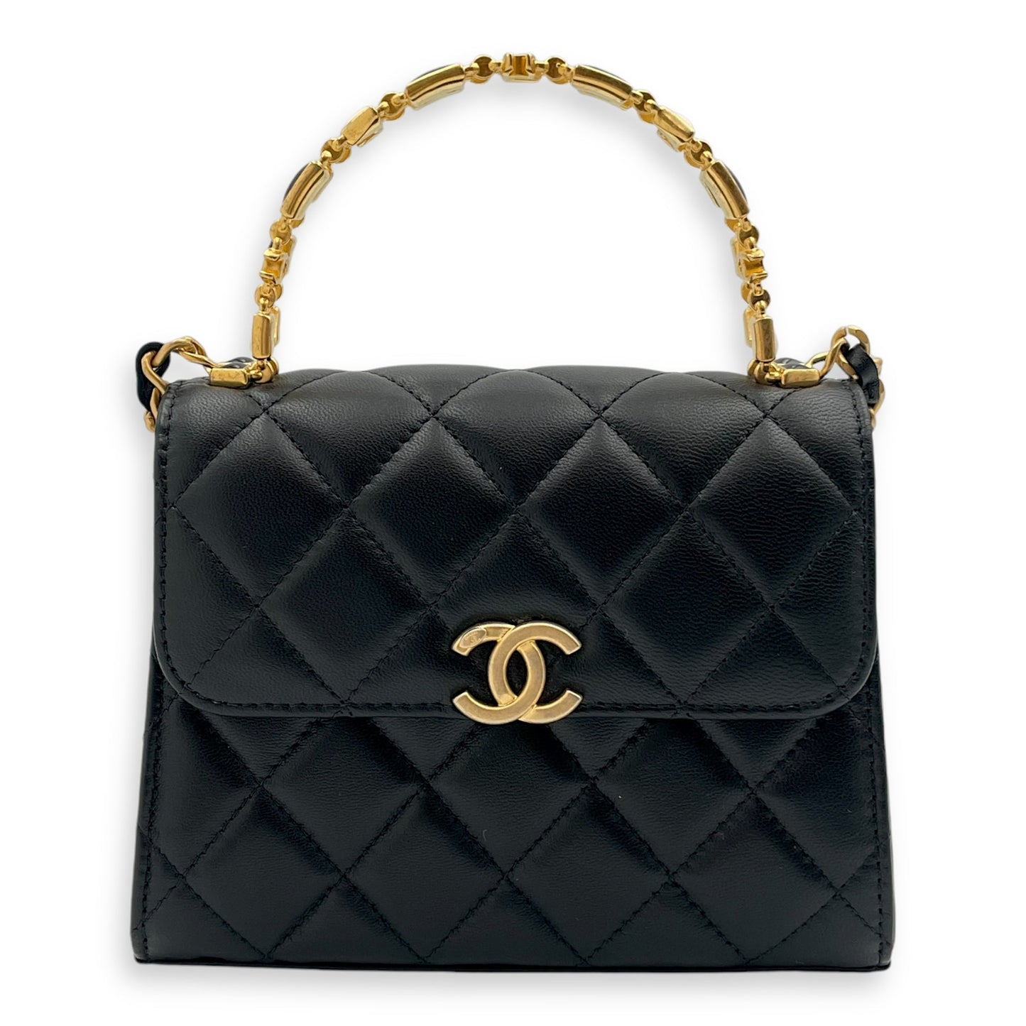 Quilted Mini Top Handle with Chain 15x11.5x4cm Black Crossbody Bag in Lambskin, Gold hardware
