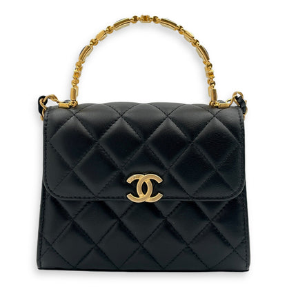 Quilted Mini Top Handle with Chain 15x11.5x4cm Black Crossbody Bag in Lambskin, Gold hardware