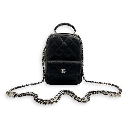 Quilted Mini Black Backpack in Caviar Leather, Silver hardware