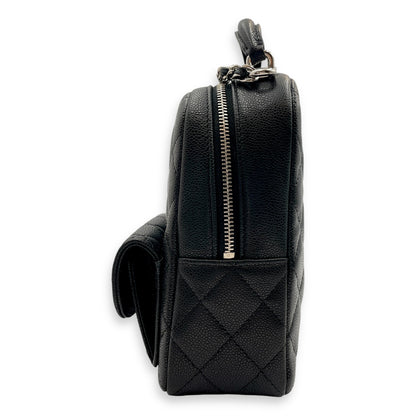 Quilted Mini Black Backpack in Caviar Leather, Silver hardware