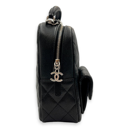 Quilted Mini Black Backpack in Caviar Leather, Silver hardware
