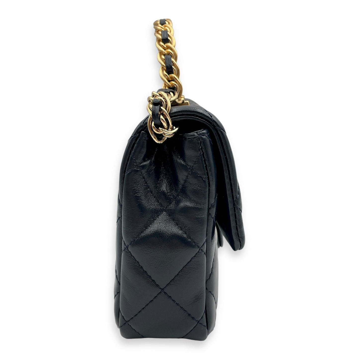Seasonal Top Handle with double link Chain 20x13x5.5cm Navy Blue Top Handle Bag in Shiny lambskin, Gold hardware