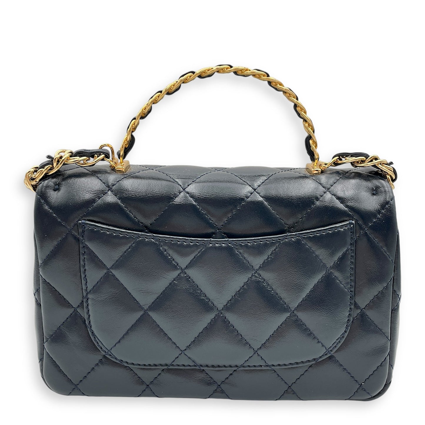 Seasonal Top Handle with double link Chain 20x13x5.5cm Navy Blue Top Handle Bag in Shiny lambskin, Gold hardware