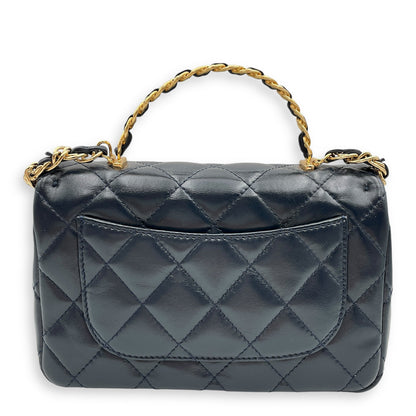 Seasonal Top Handle with double link Chain 20x13x5.5cm Navy Blue Top Handle Bag in Shiny lambskin, Gold hardware