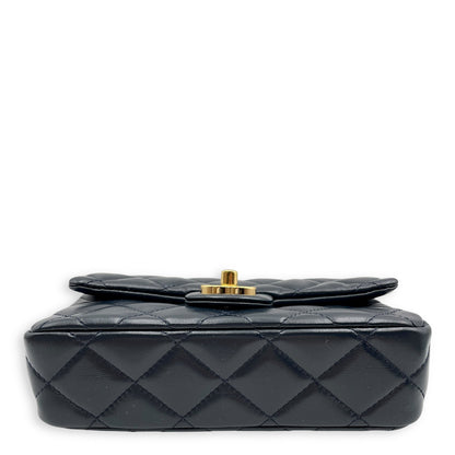 Seasonal Top Handle with double link Chain 20x13x5.5cm Navy Blue Top Handle Bag in Shiny lambskin, Gold hardware