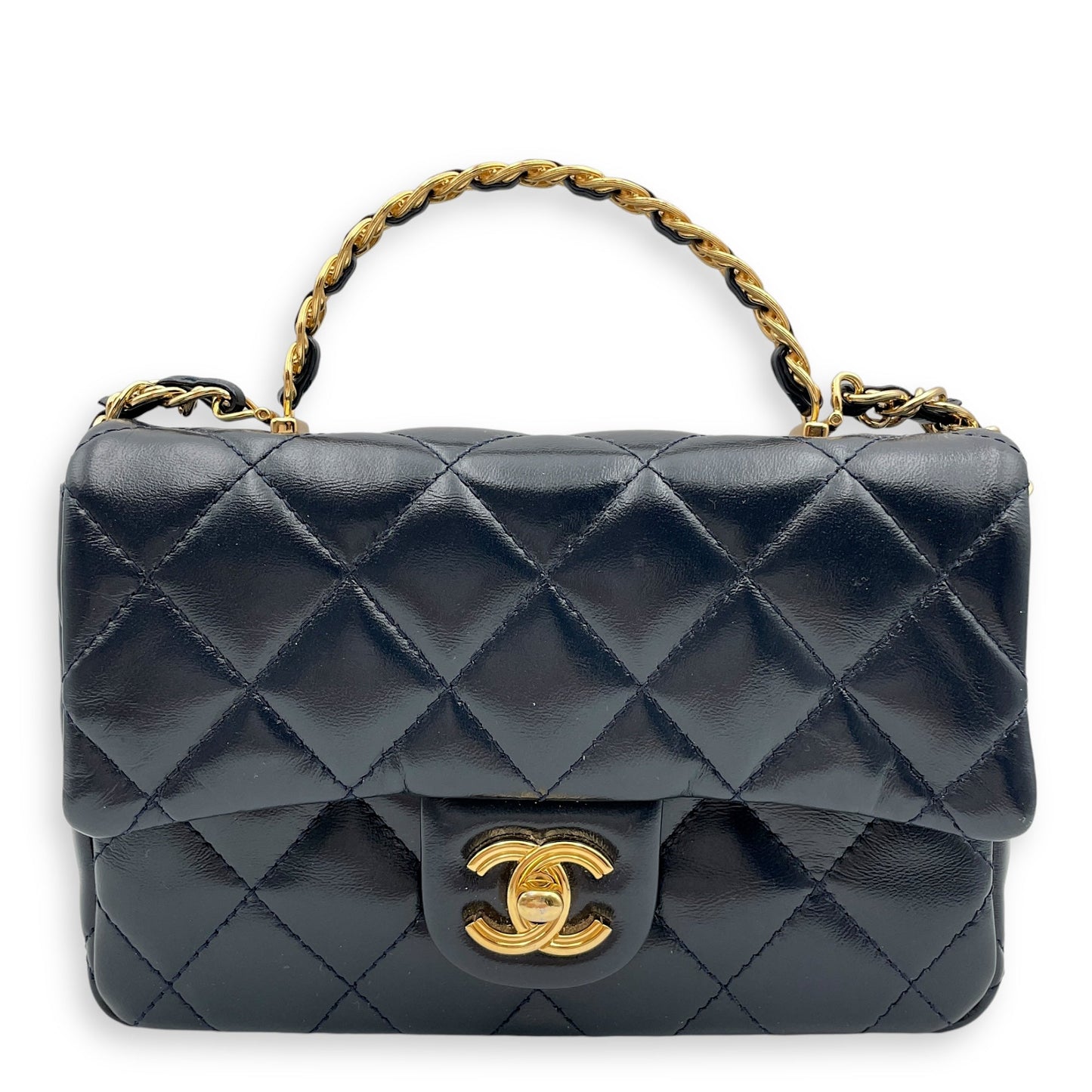 Seasonal Top Handle with double link Chain 20x13x5.5cm Navy Blue Top Handle Bag in Shiny lambskin, Gold hardware