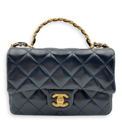 Seasonal Top Handle with double link Chain 20x13x5.5cm Navy Blue Top Handle Bag in Shiny lambskin, Gold hardware
