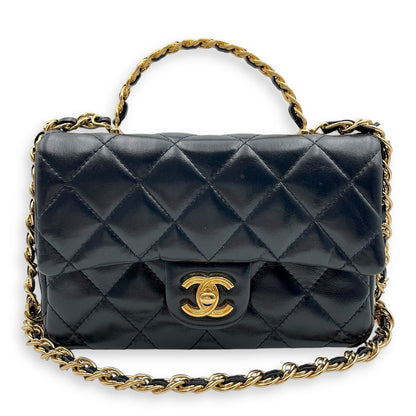 Seasonal Top Handle with double link Chain 20x13x5.5cm Navy Blue Top Handle Bag in Shiny lambskin, Gold hardware