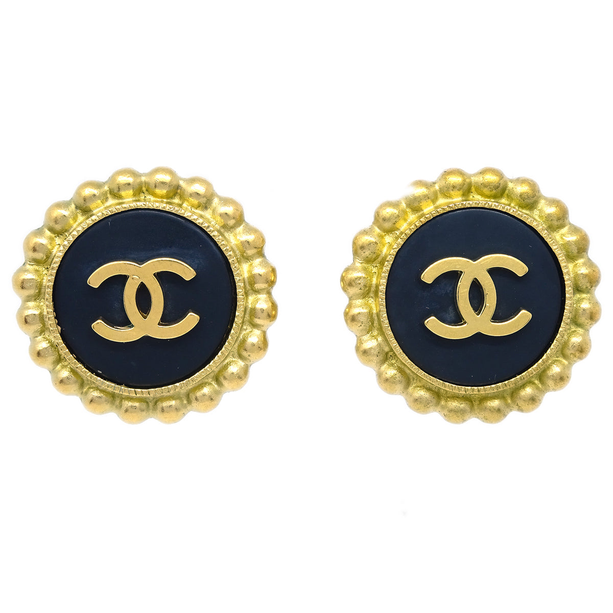 Chanel Gold Black Button Earrings Clip-On 95P
