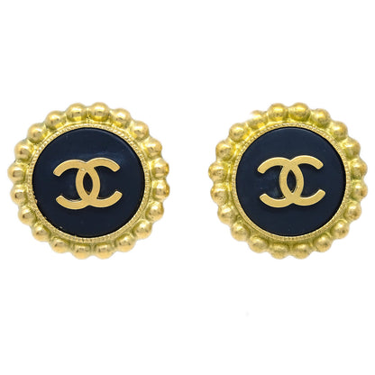 Chanel Gold Black Button Earrings Clip-On 95P