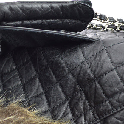 Chanel * 2009-2010 Black Calfskin Fur 2way Shoulder Tote Handbag