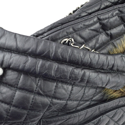 Chanel * 2009-2010 Black Calfskin Fur 2way Shoulder Tote Handbag